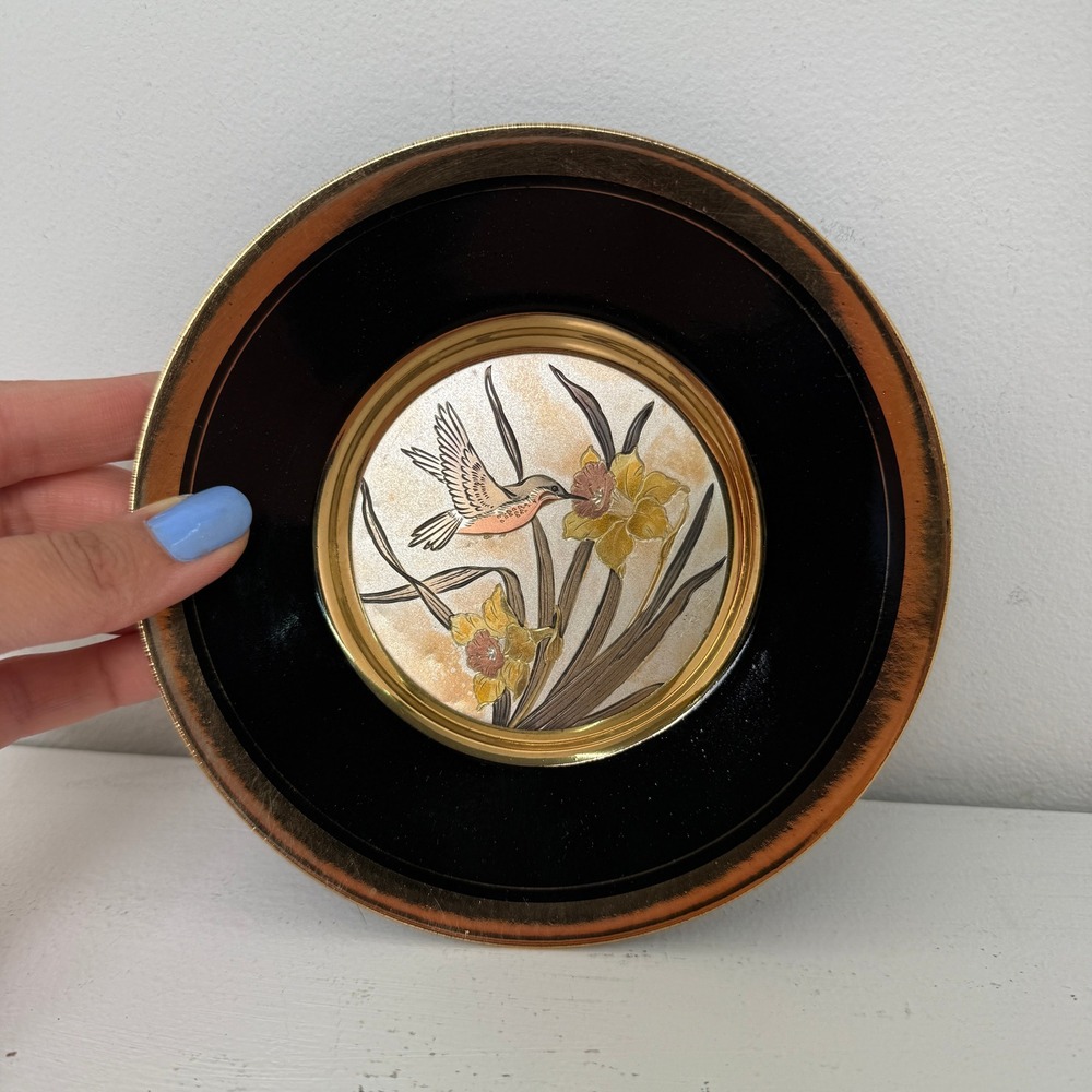 Art of Chokin Japanese 24KT Gold Gilded Hummingbird Daffodil 6 inch Plate Vtg